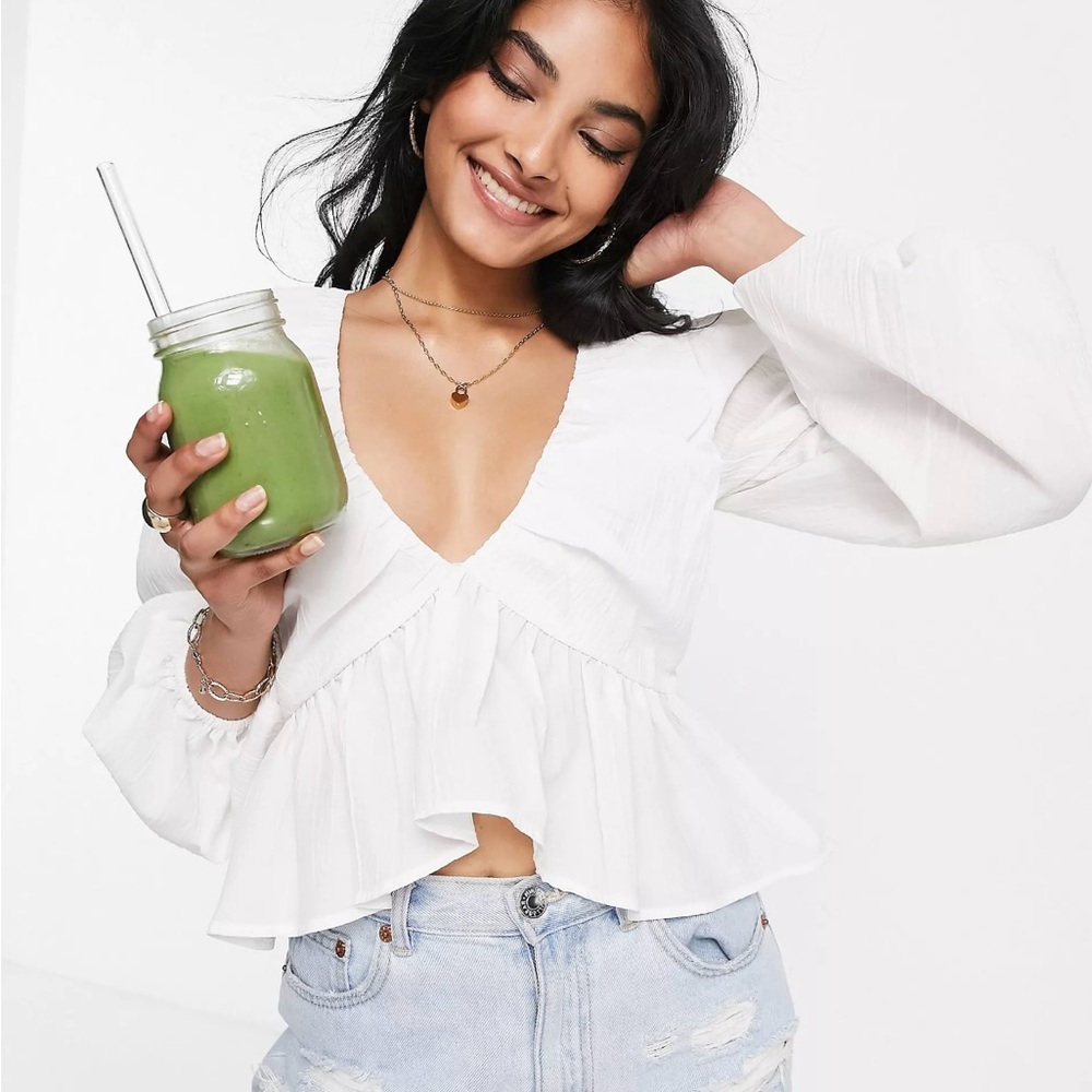 ASOS DESIGN long sleeve smock top with peplum in white texture